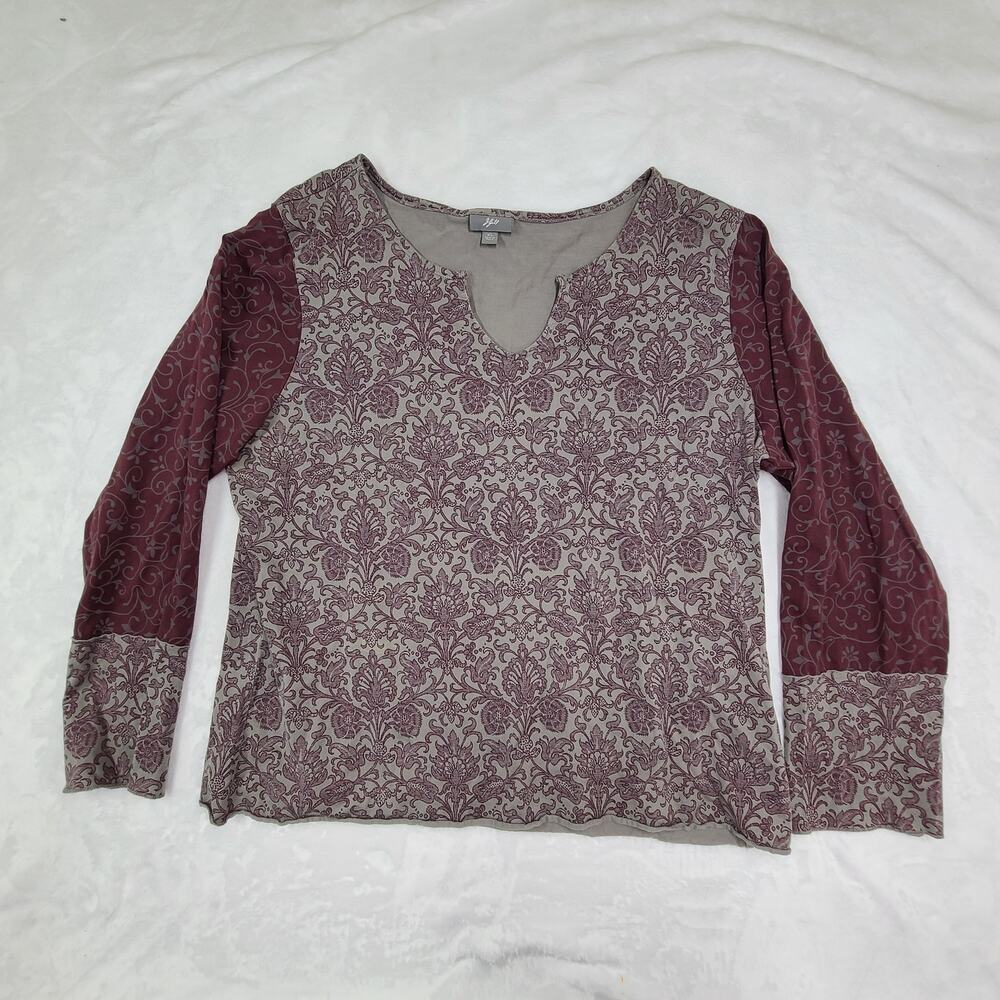 J. Jill Pima Cotton Top XL Long Sleeve Burgundy Floral Scroll Print Soft Casual